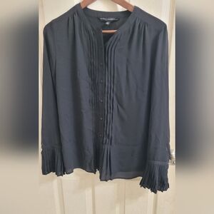 White House Black Market Black Pleated-Trim Button-Down Blouse
